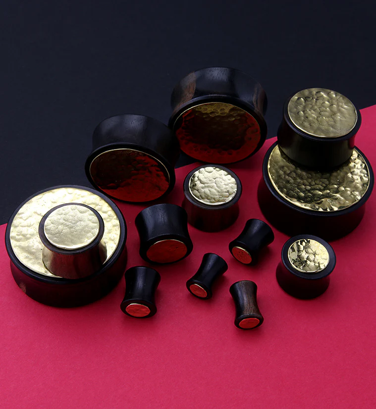 Hammered Brass Inlay Areng Wood Plugs - Mrs Treak