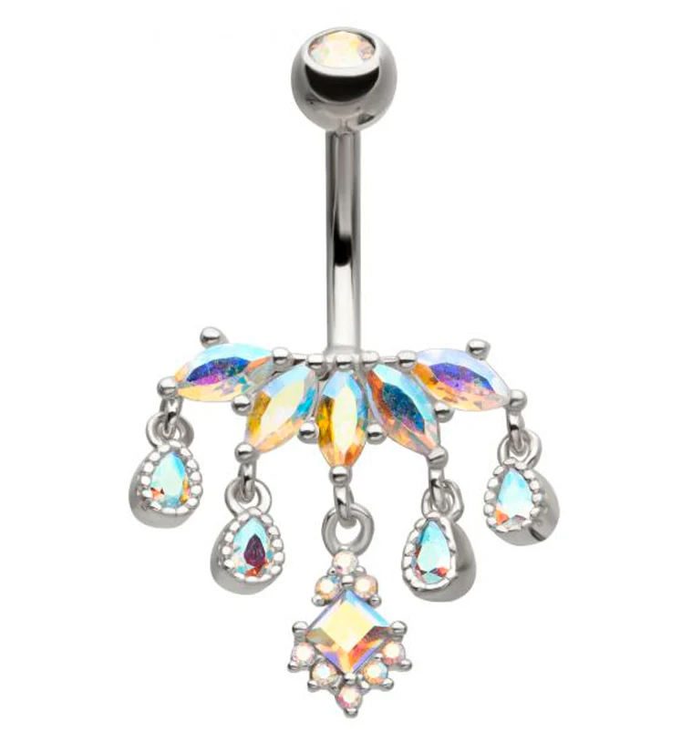Beaded Chaplet Dangle Rainbow Aurora CZ Cluster Belly Button Ring - Mrs Treak