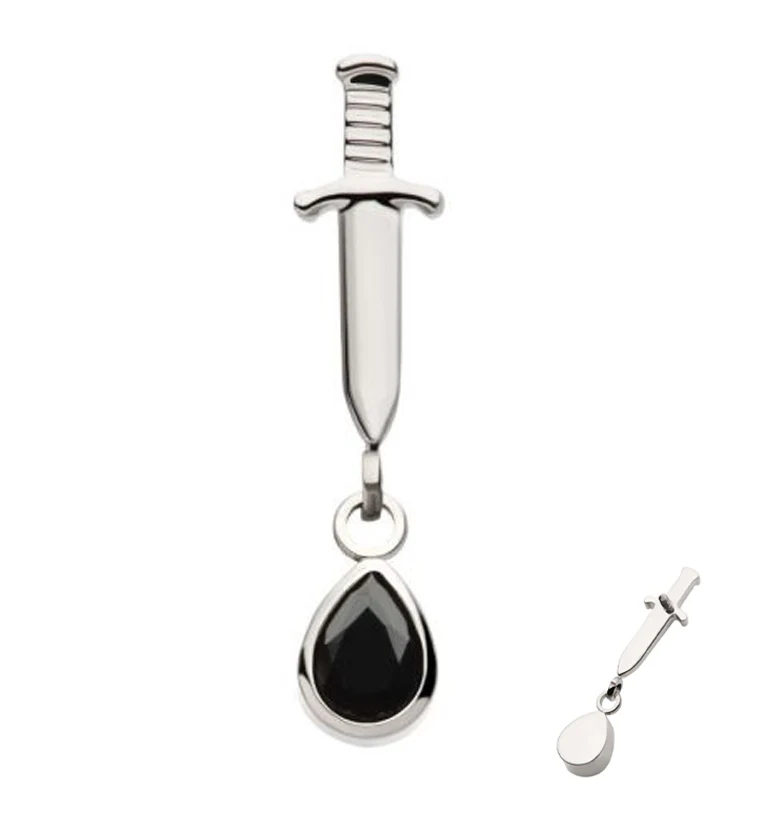 Dagger Dangle Teardrop Black CZ Internally Threaded Top - Mrs Treak
