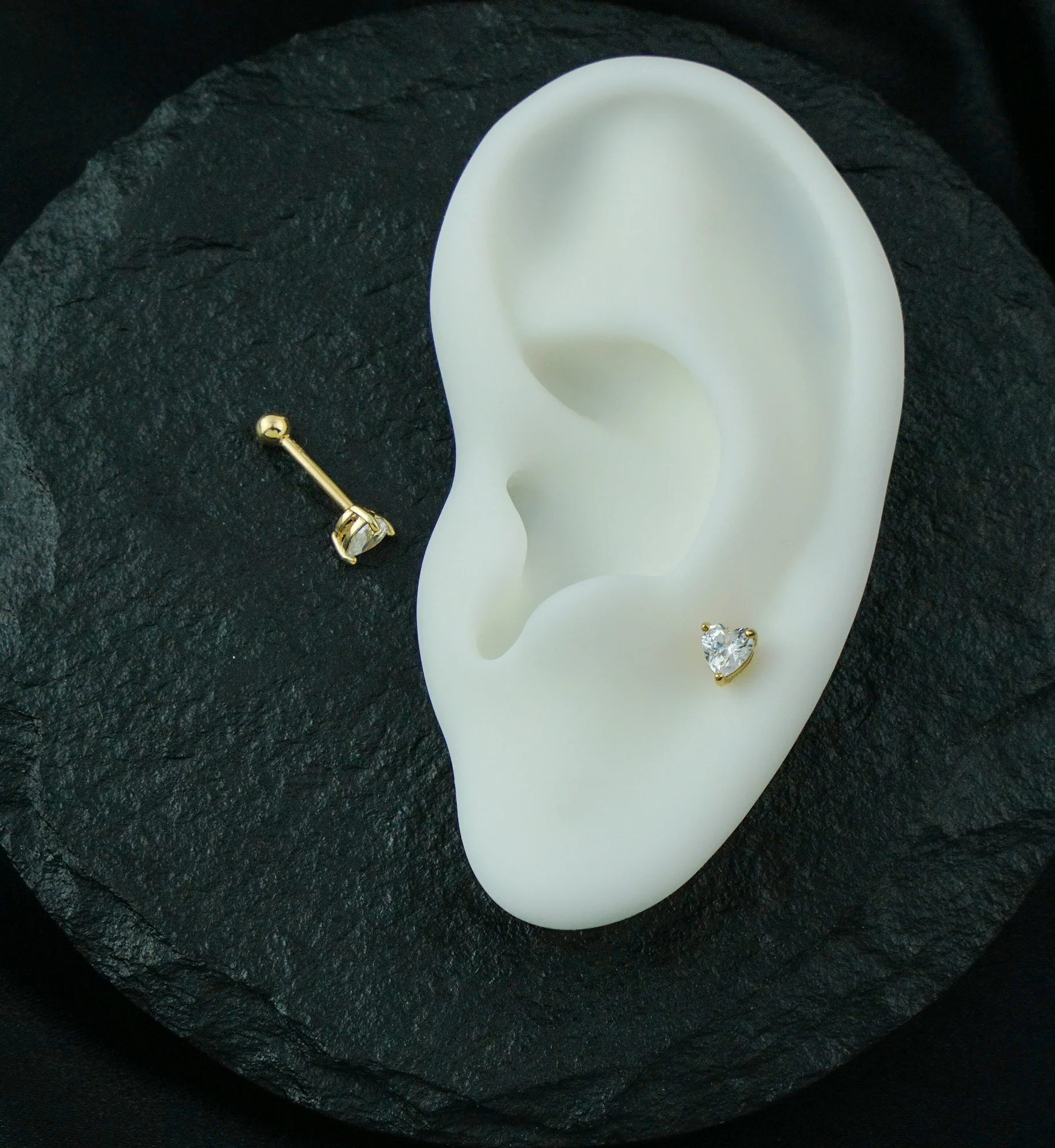 14kt Gold Heart Clear CZ Threadless Cartilage Barbell - Mrs Treak