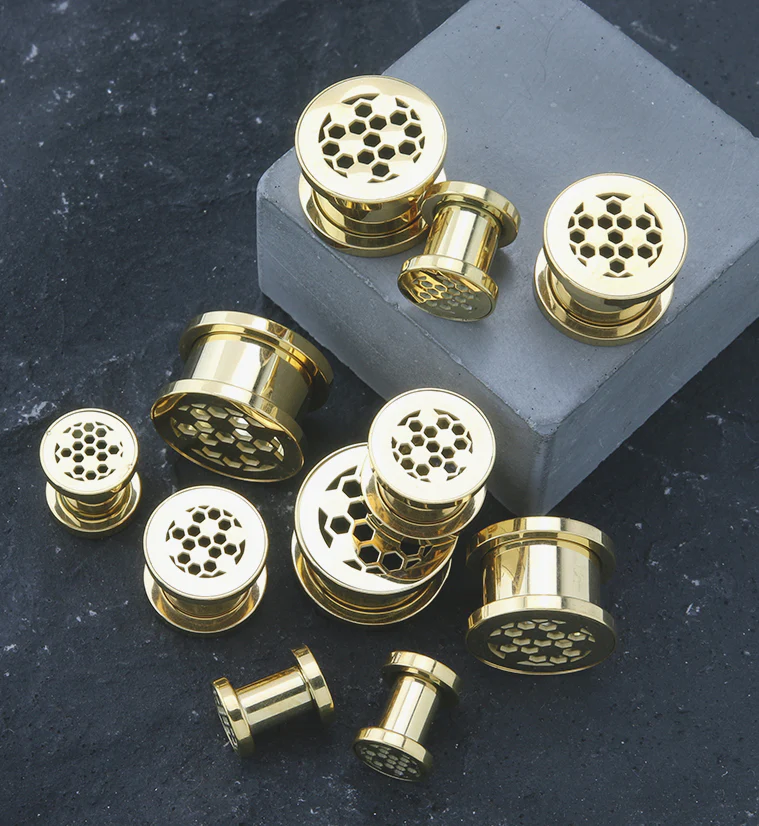 Golden Honeycomb Stainless Steel Tunnel Plugs - Mrs Treak