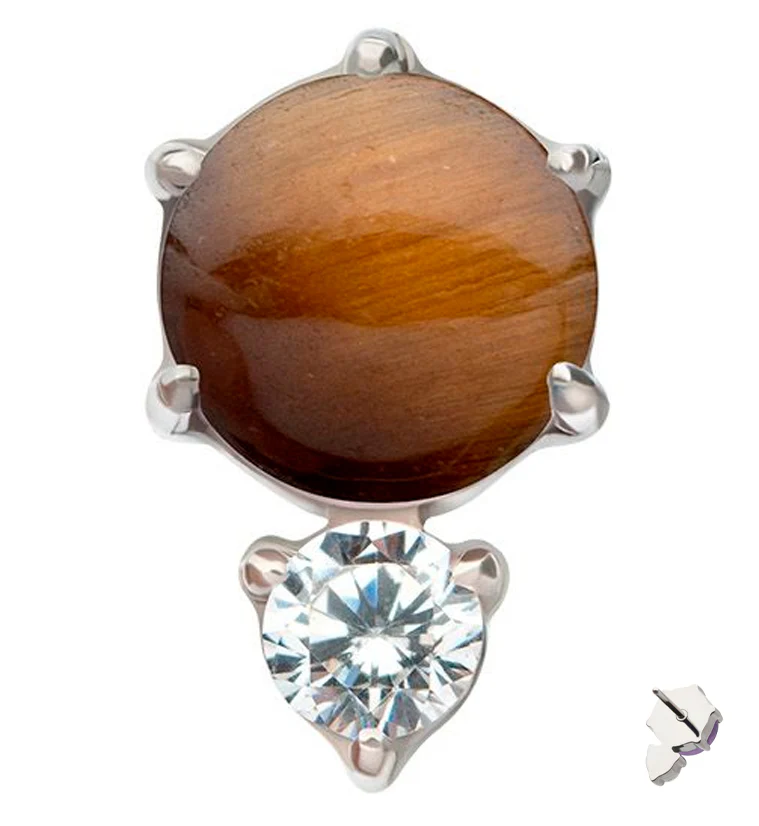 Tiger Eye Stone Drop Clear CZ Titanium Threadless Top - Mrs Treak