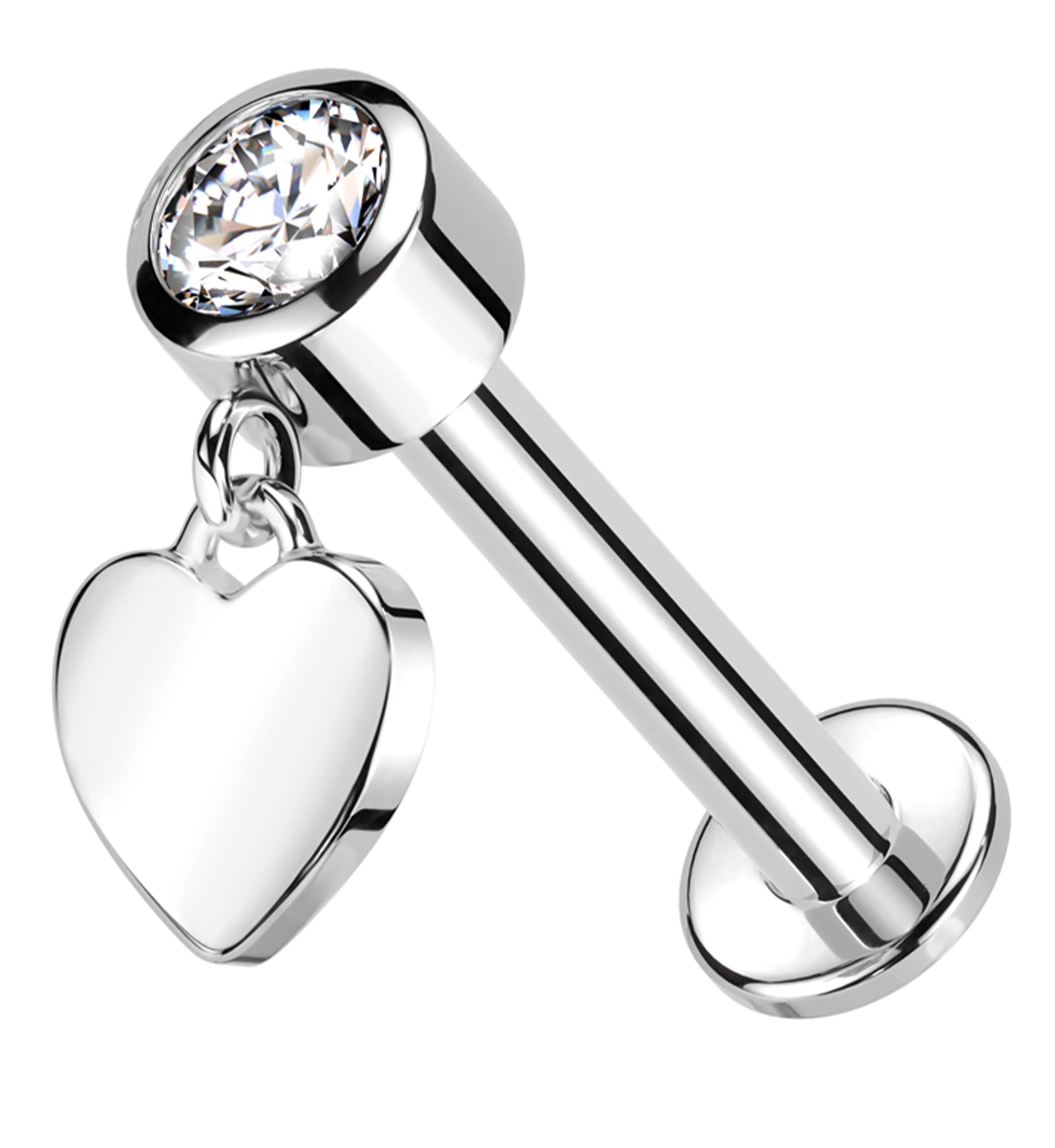 14kt White Gold Dangle Heart Clear CZ Internally Threaded Labret - Mrs Treak
