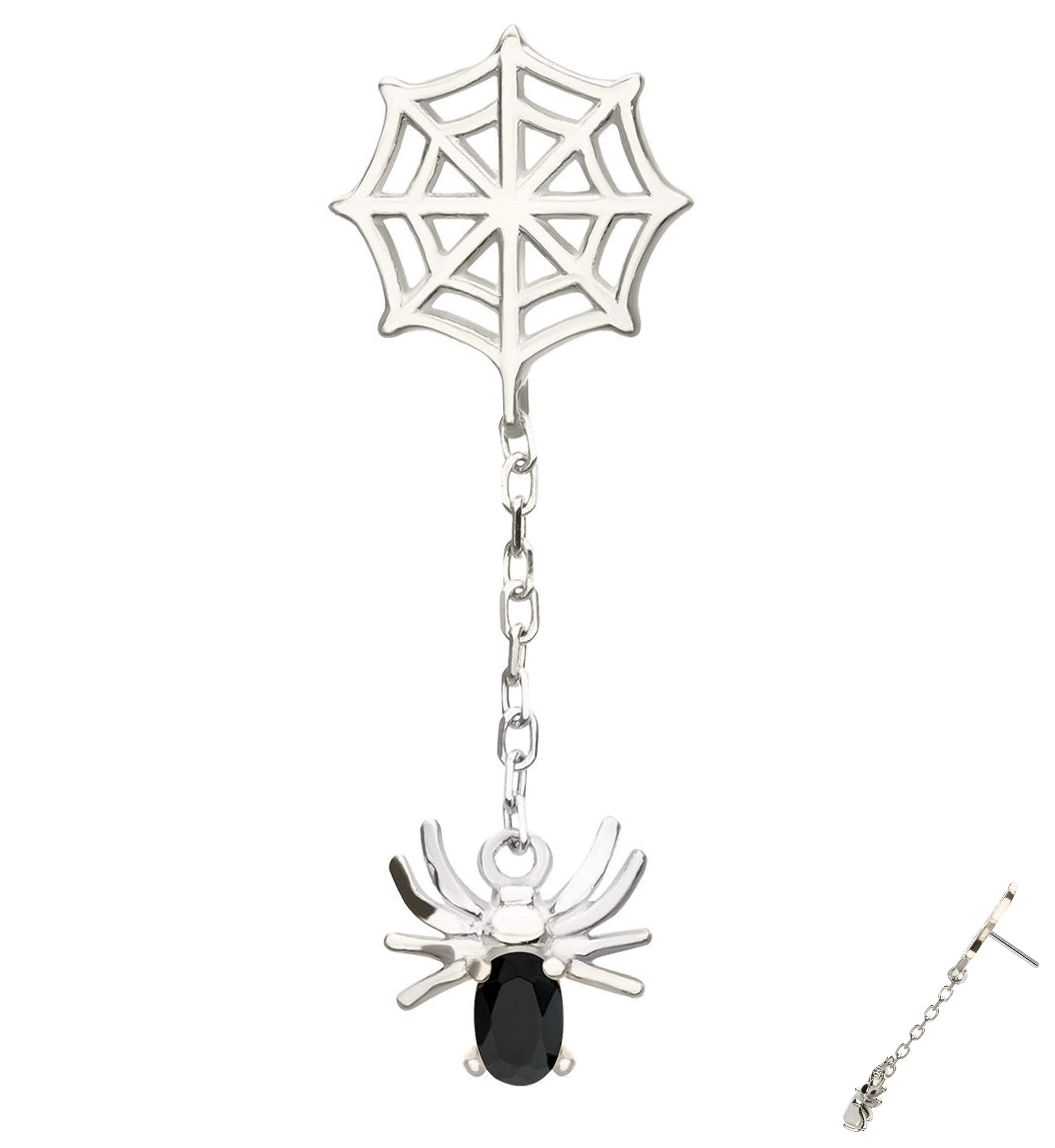 14kt White Gold Spiderweb Dangle Spider Black CZ Threadless Top - Mrs Treak