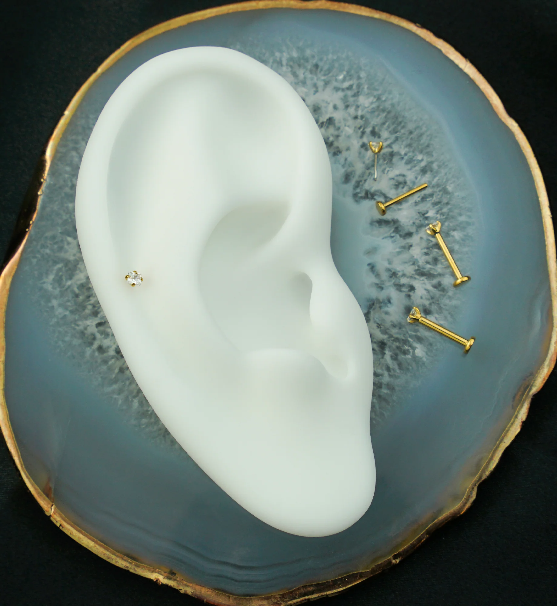 Gold PVD Square Prong Clear CZ Titanium Threadless Labret - Mrs Treak