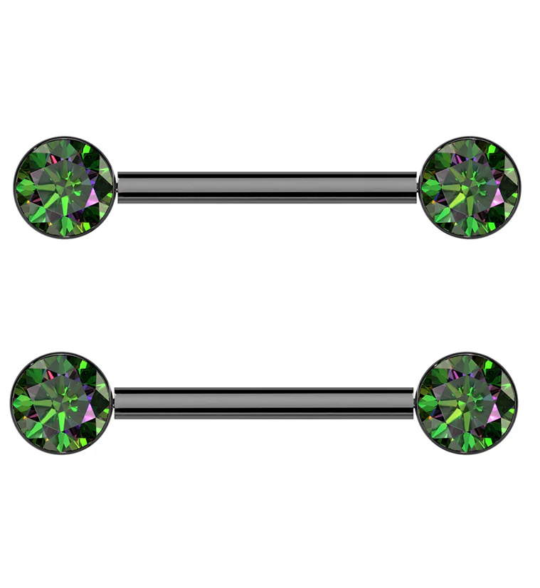 Black PVD Bezel Black Aurora CZ Threadless Titanium Nipple Barbells - Mrs Treak