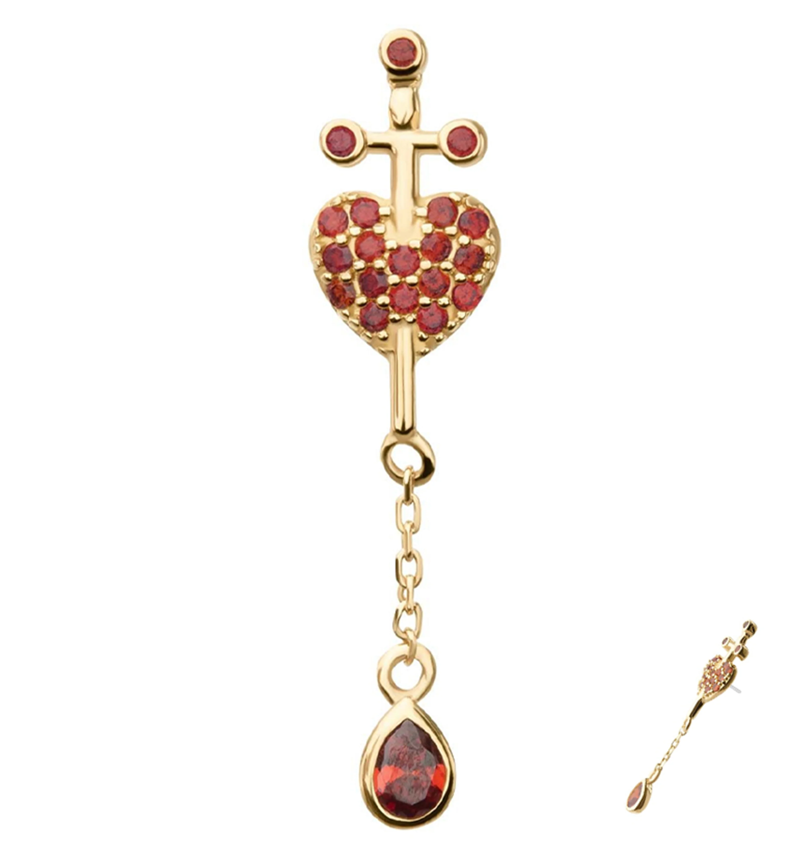 14kt Gold Heart Dagger Red CZ Dangle Threadless Top - Mrs Treak