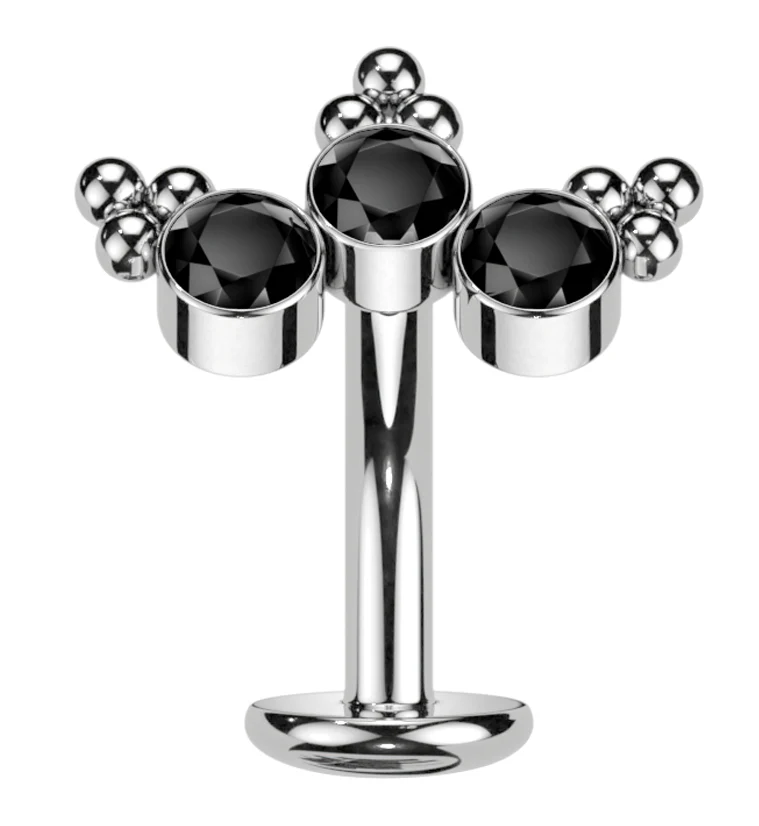 Triple Beaded Black CZ Titanium Threadless Floating Belly Button Ring (Convex Disk) - Mrs Treak