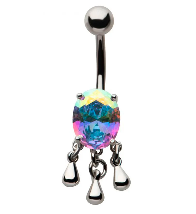 Oval Rainbow Aurora CZ Dangle Drops Stainless Steel Belly Button Ring - Mrs Treak