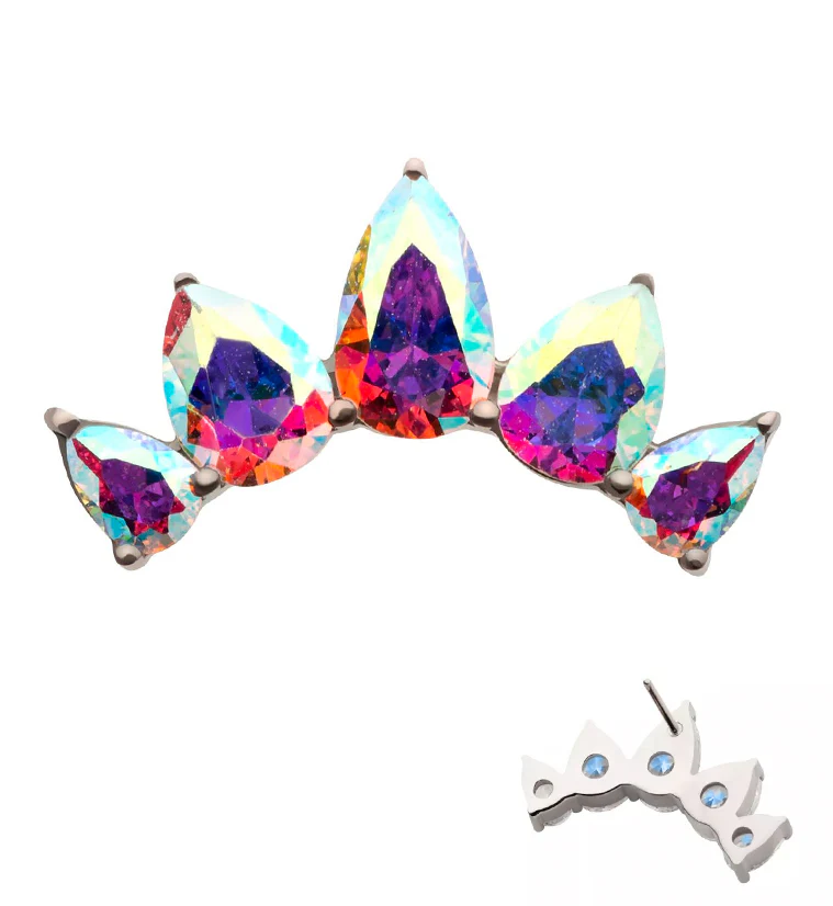 Half Crown Teardrop Rainbow Aurora CZ Threadless Titanium Top - Mrs Treak