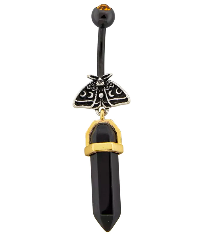 Black PVD Moon Phase Moth Black Crystal Dangle Stainless Steel Belly Button Ring - Mrs Treak