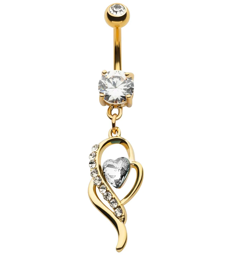Gold PVD Wisp Clear Heart CZ Dangle Belly Button Ring - Mrs Treak