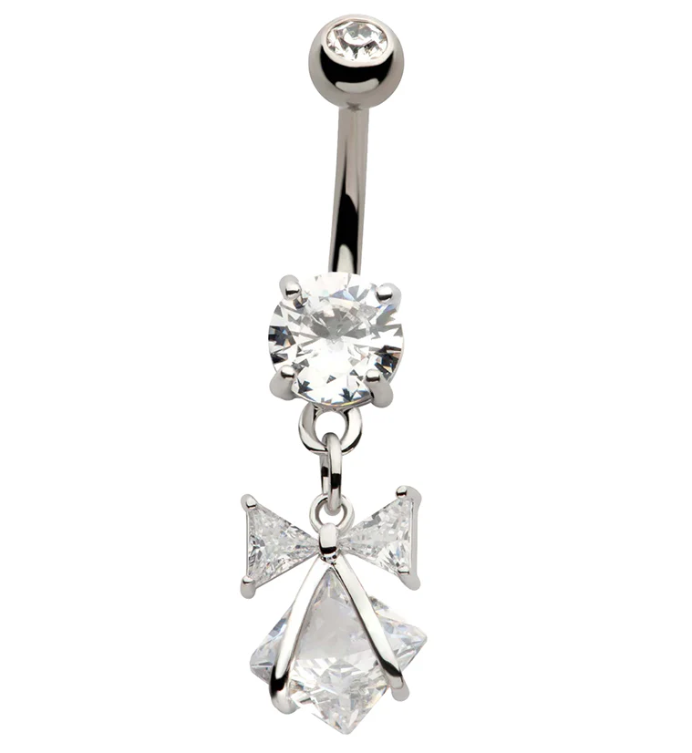 Bow And Rhombus CZ Dangle Stainless Steel Belly Button Ring - Mrs Treak