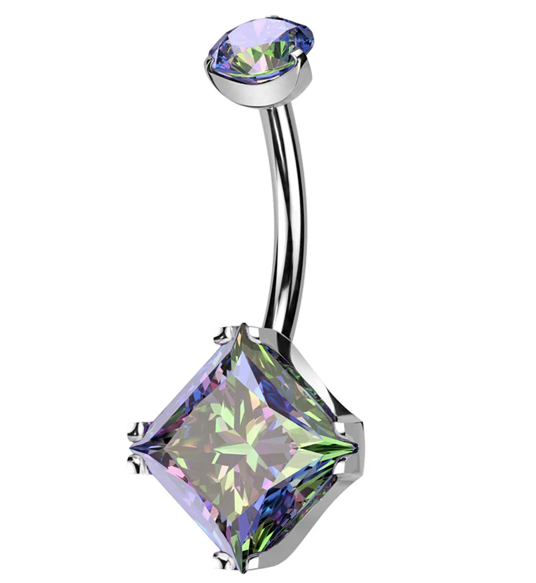 Square Black Aurora CZ Internally Threaded Titanium Belly Button Ring - Mrs Treak