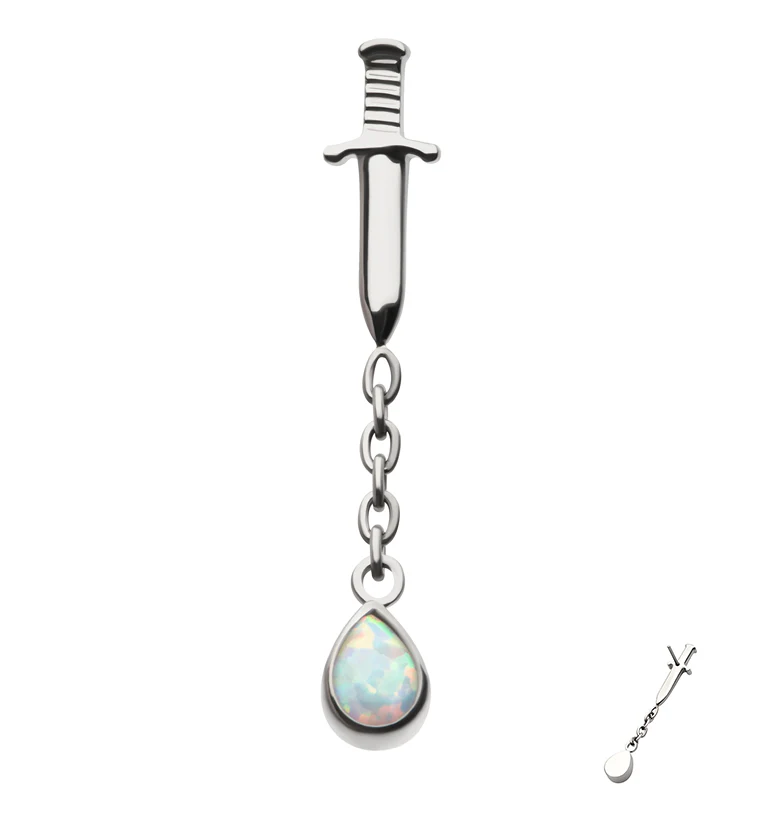 Dagger Dangle Chain Teardrop White Opalite Threadless Titanium Top - Mrs Treak