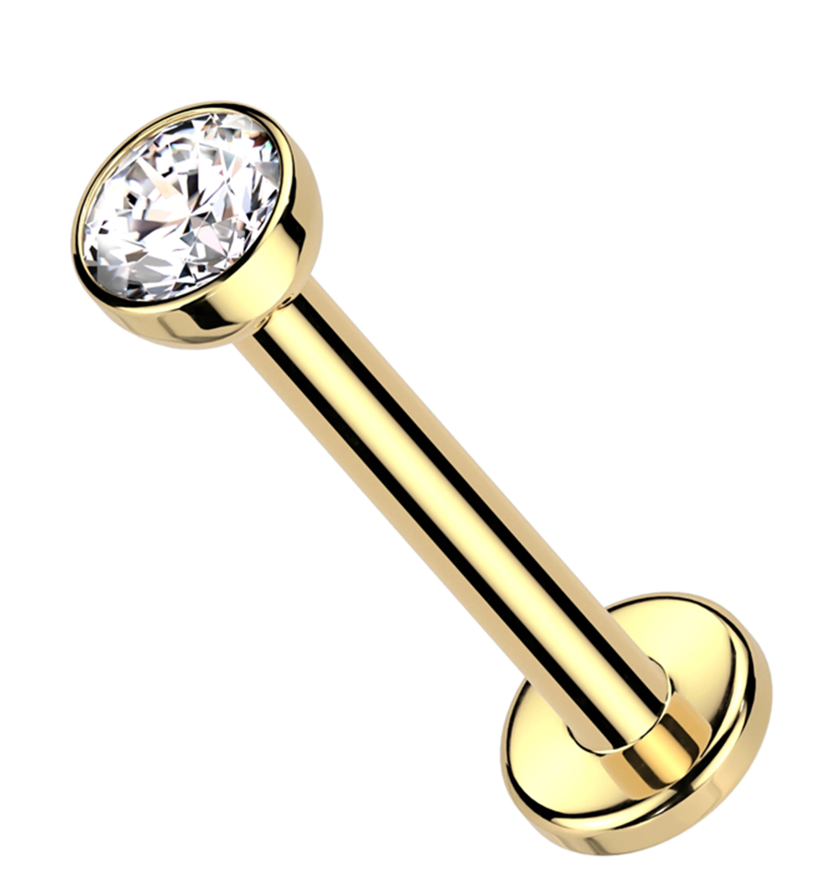 14kt Gold Bezel Clear CZ Threadless Labret - Mrs Treak