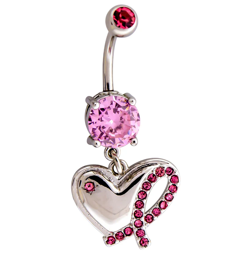 Breast Cancer Awareness Heart and Ribbon Pink CZ Belly Ring - Mrs Treak