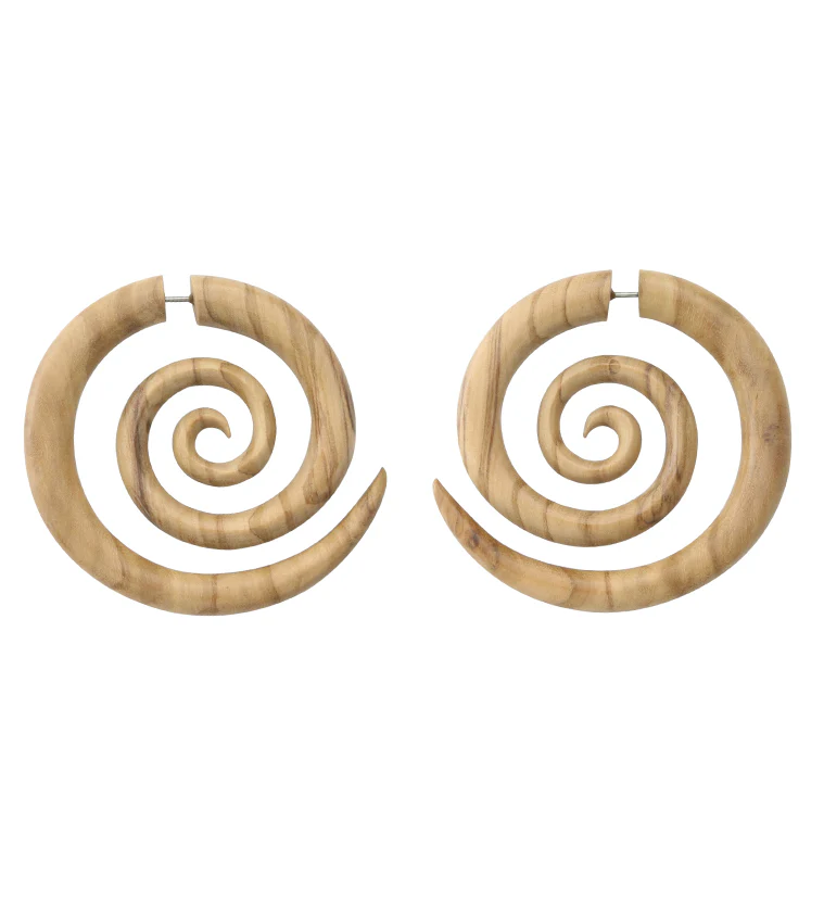 Olive Wood Fake Gauge Spiral Earrings - Mrs Treak