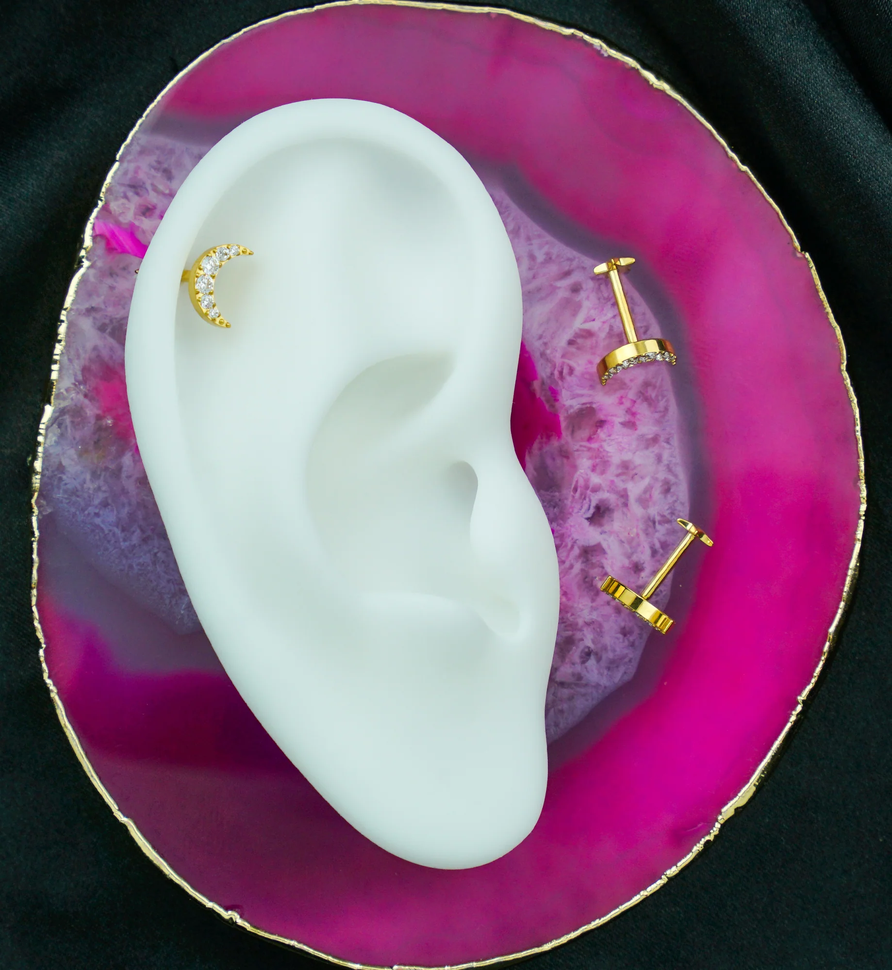 Gold PVD Half Moon Clear CZ Star Back Titanium Threadless Labret - Mrs Treak