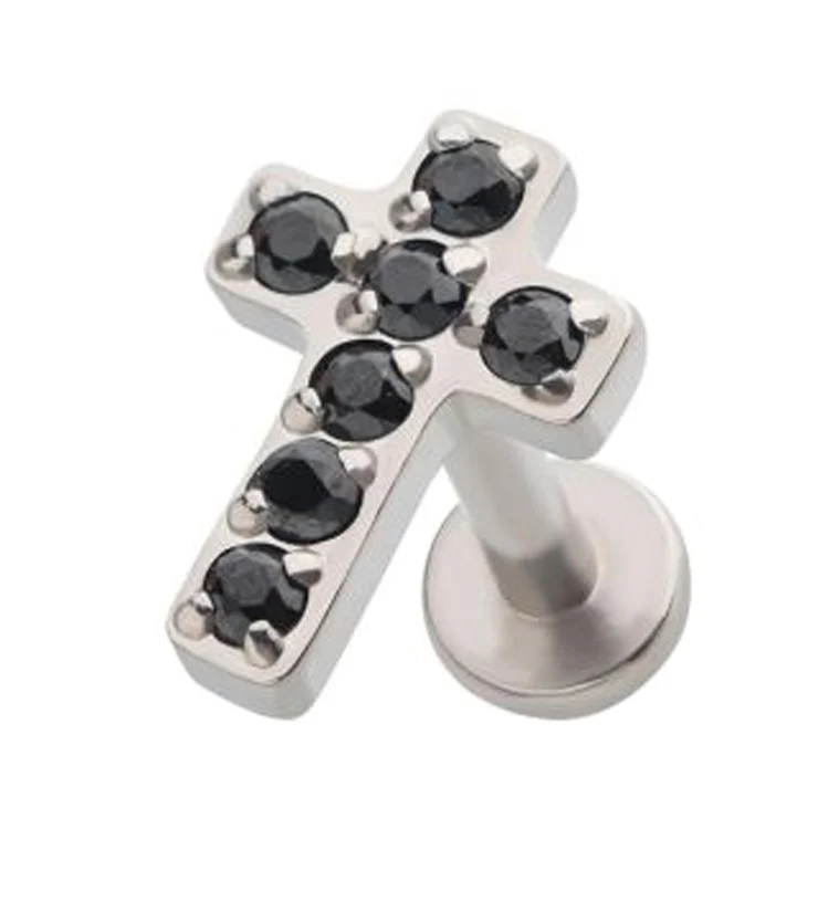 Cross Prong Set Black CZ Labret Post - Mrs Treak