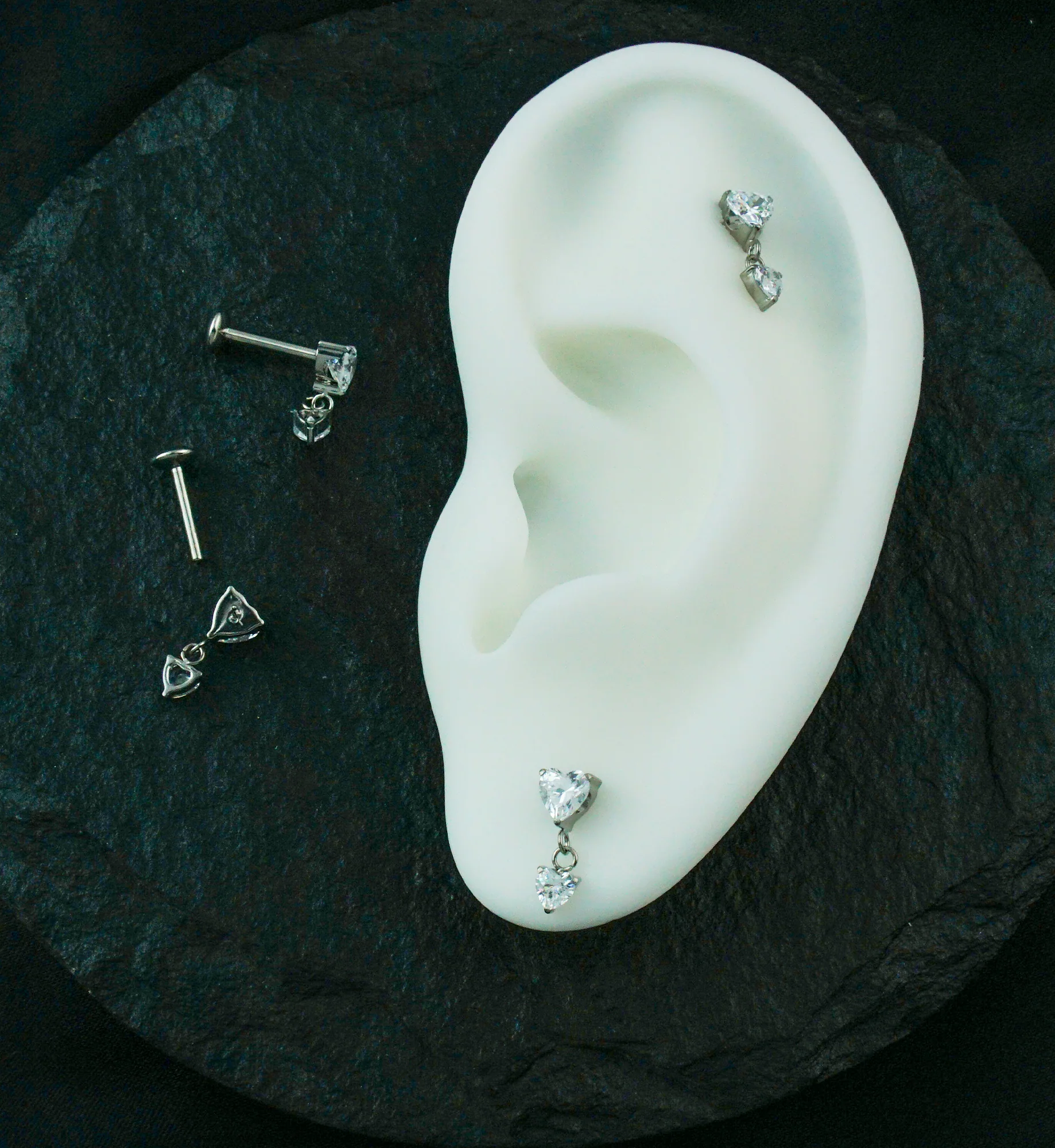 Double Heart Dangle Clear CZ Threadless Titanium Convex Disk Labret - Mrs Treak