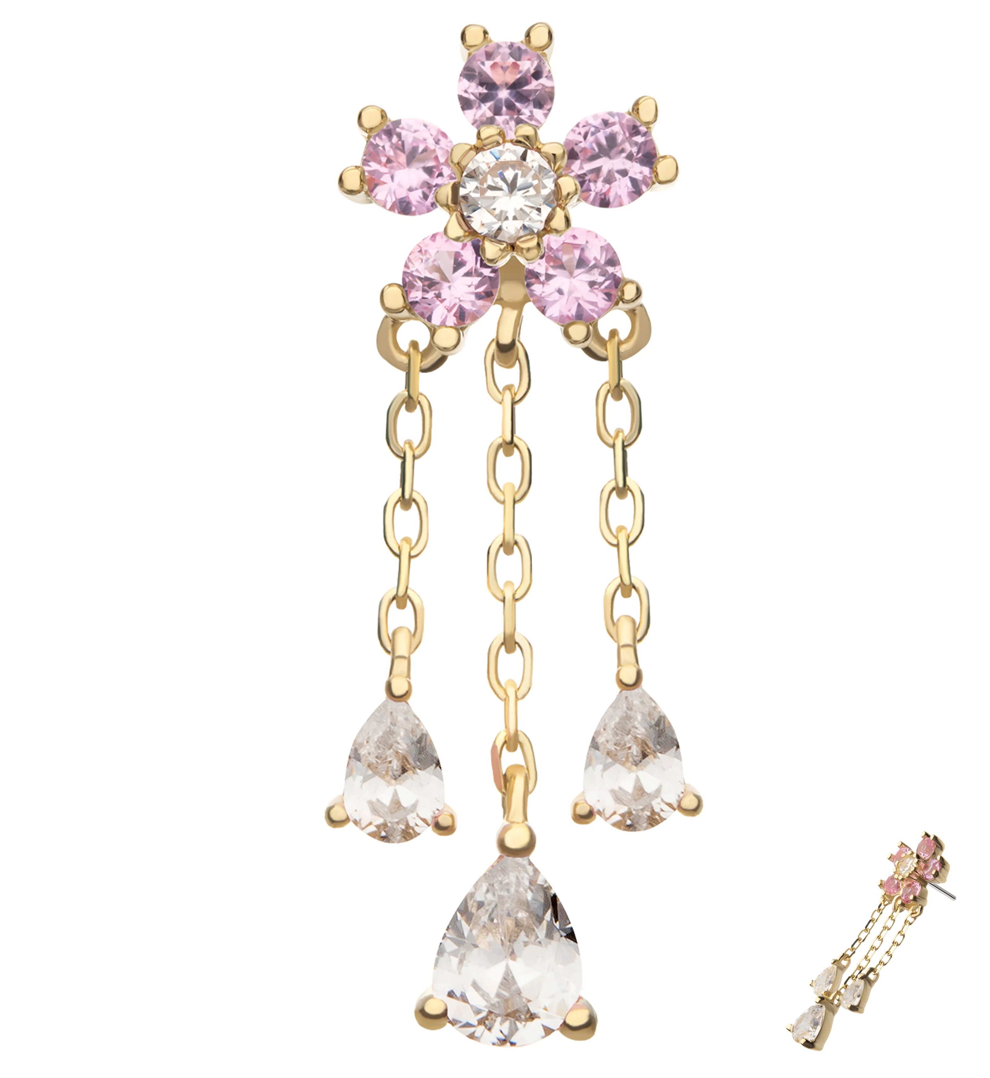 14kt Gold Floral Blossom Beaded Pink And Clear CZ Dangle Threadless Top - Mrs Treak