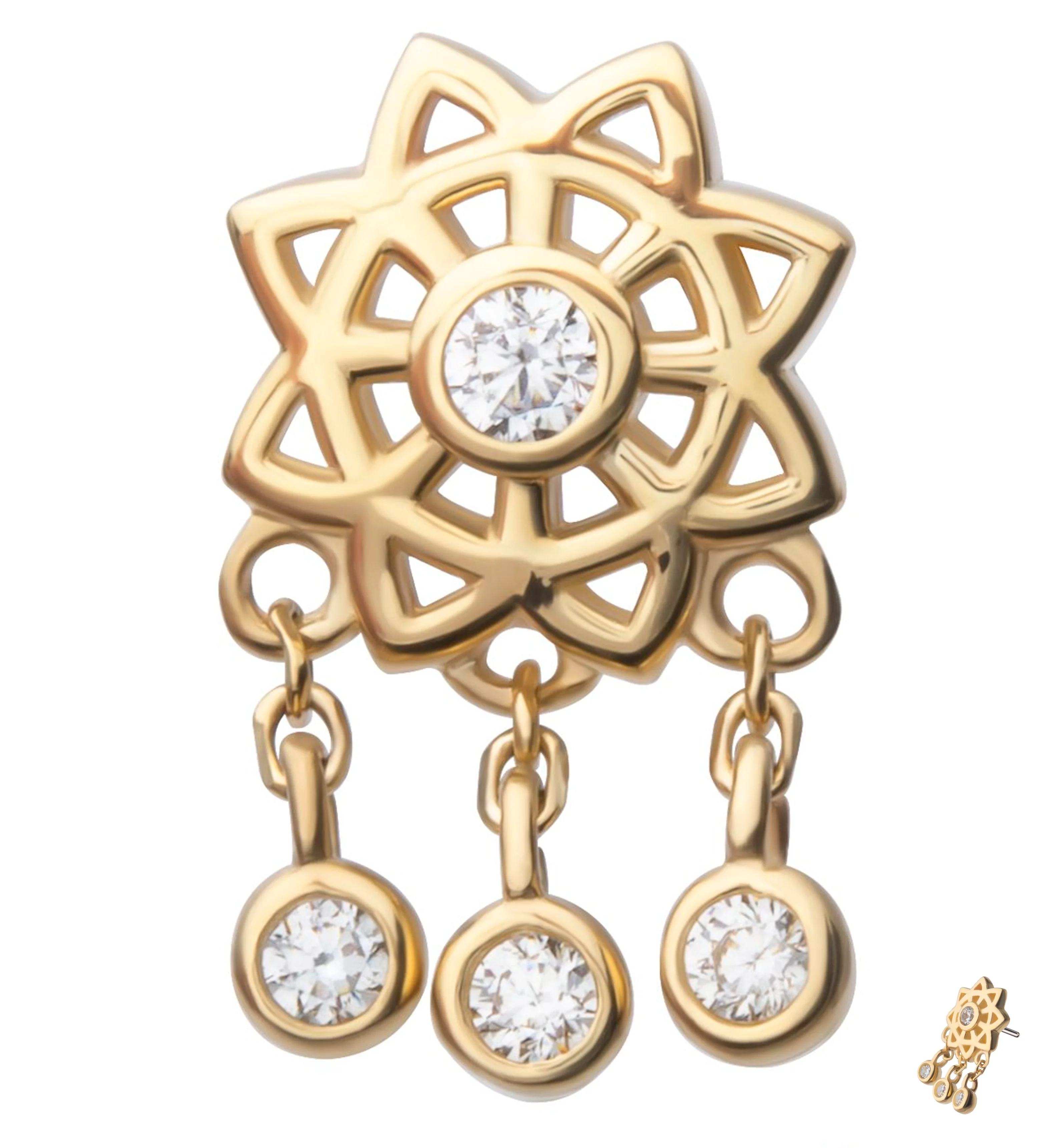 14kt Gold Mandala Flower Triple Clear CZ Dangle Threadless Top - Mrs Treak