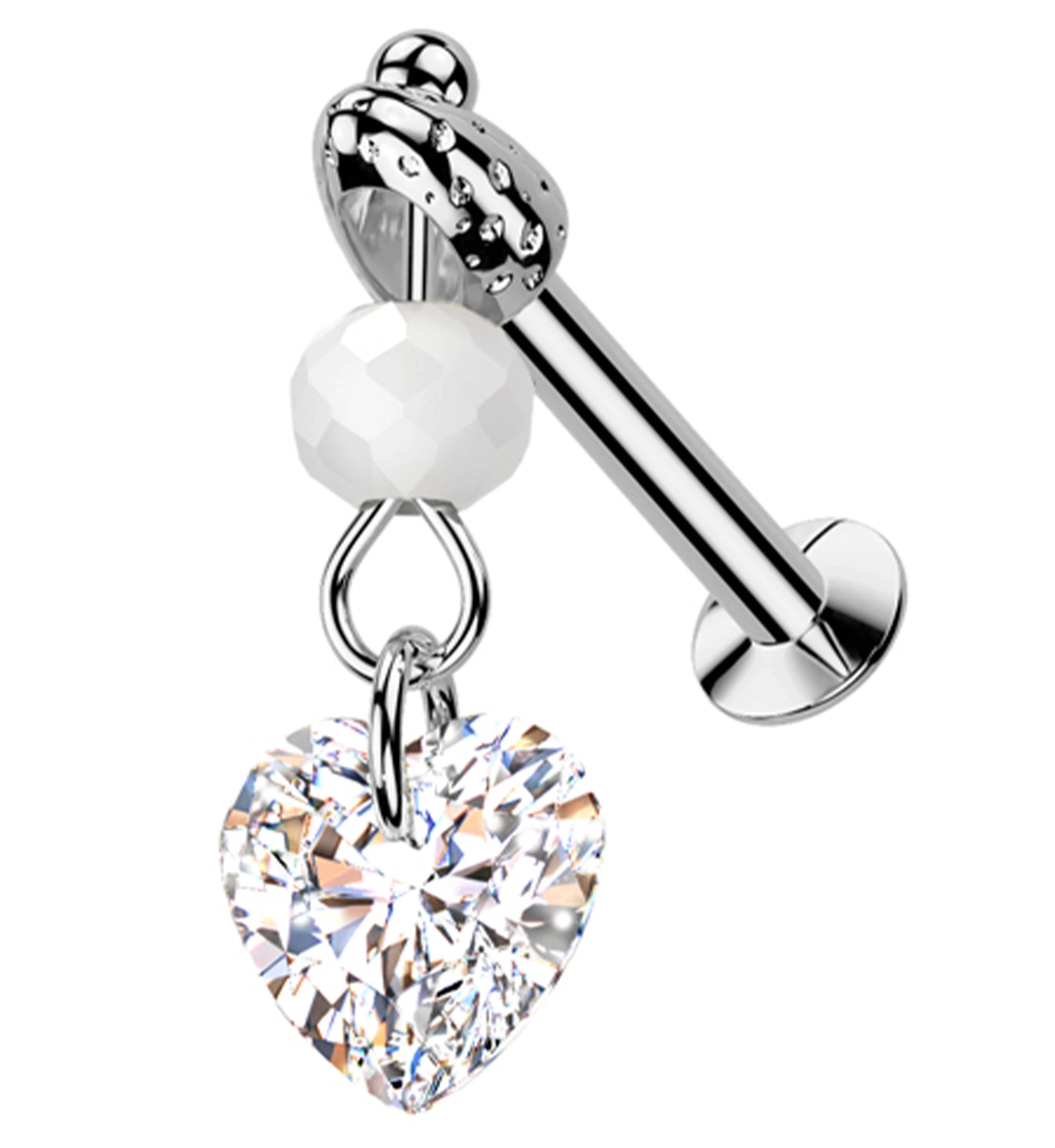 Faceted Bead Heart CZ Dangle Stainless Steel Convex Disc Threadless Labret - Mrs Treak