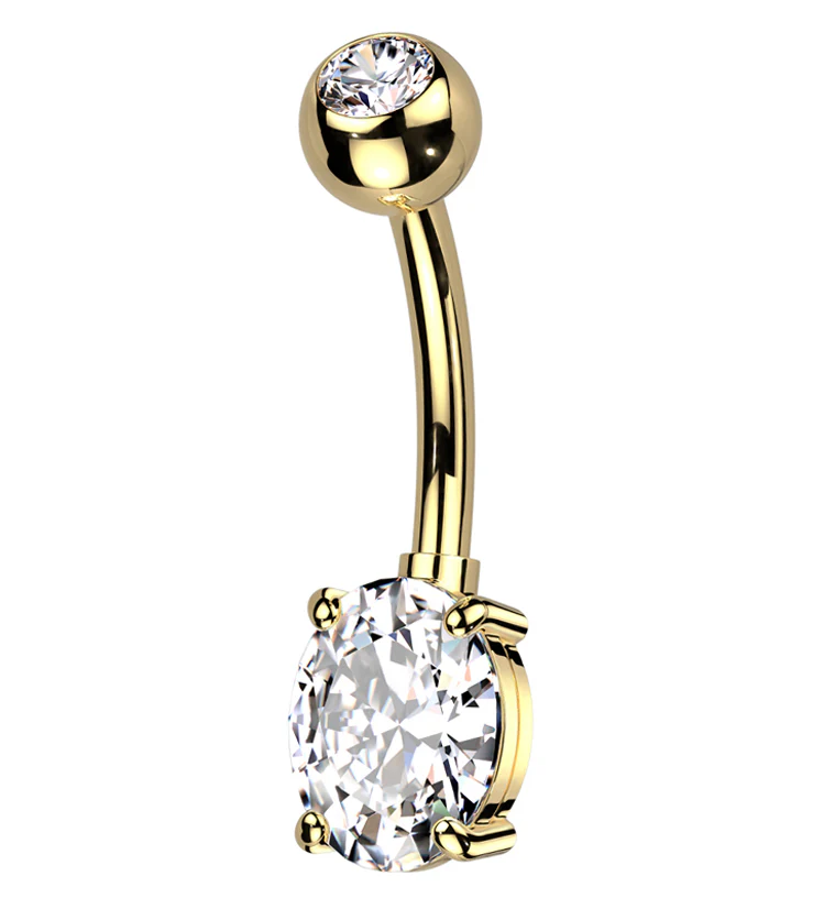 Gold PVD Oval Prong Clear CZ Titanium Belly Button Ring - Mrs Treak