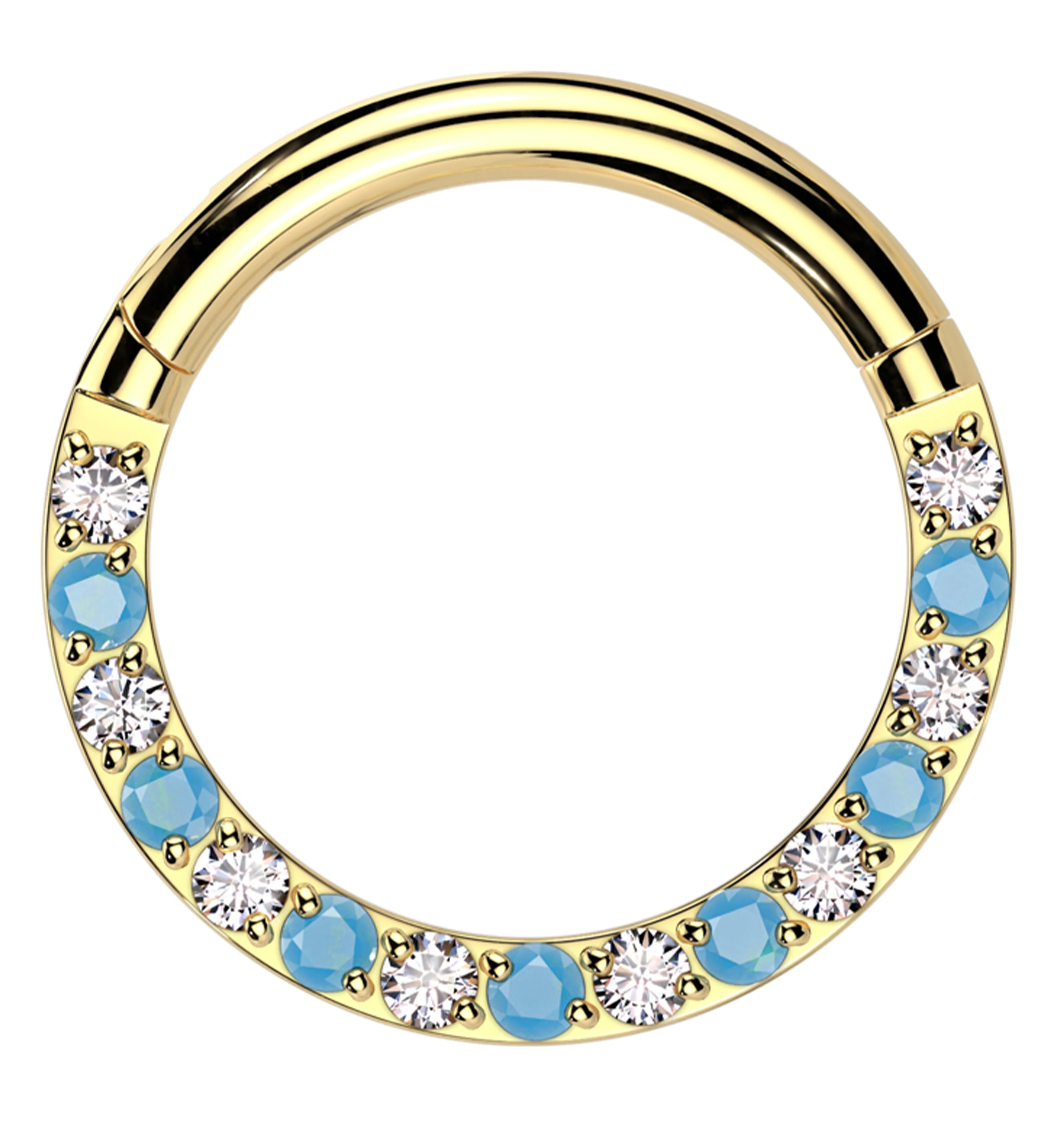 Gold PVD Front Facing Clear CZ Turquoise Titanium Hinged Segment Ring - Mrs Treak