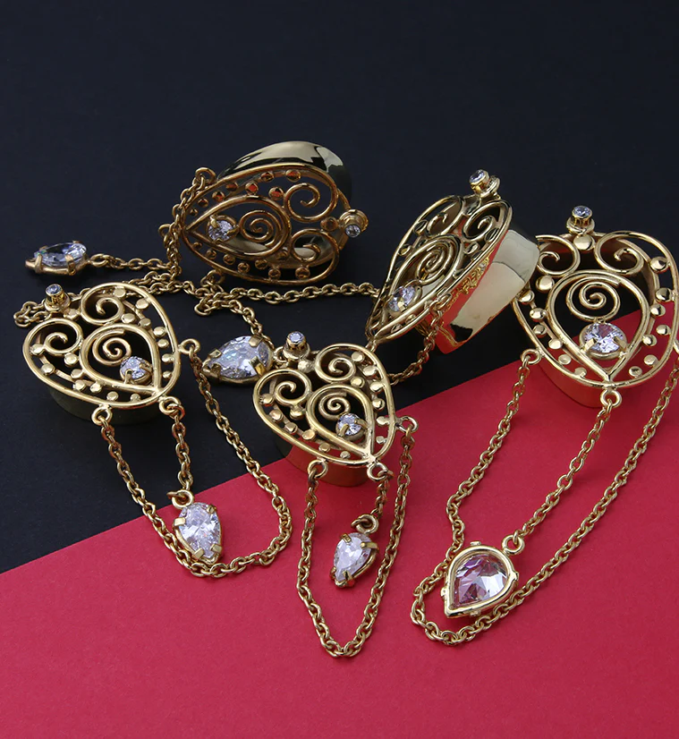 Gold PVD Brass Filigree Teardrop Tunnel Plugs With Chains - Mrs Treak
