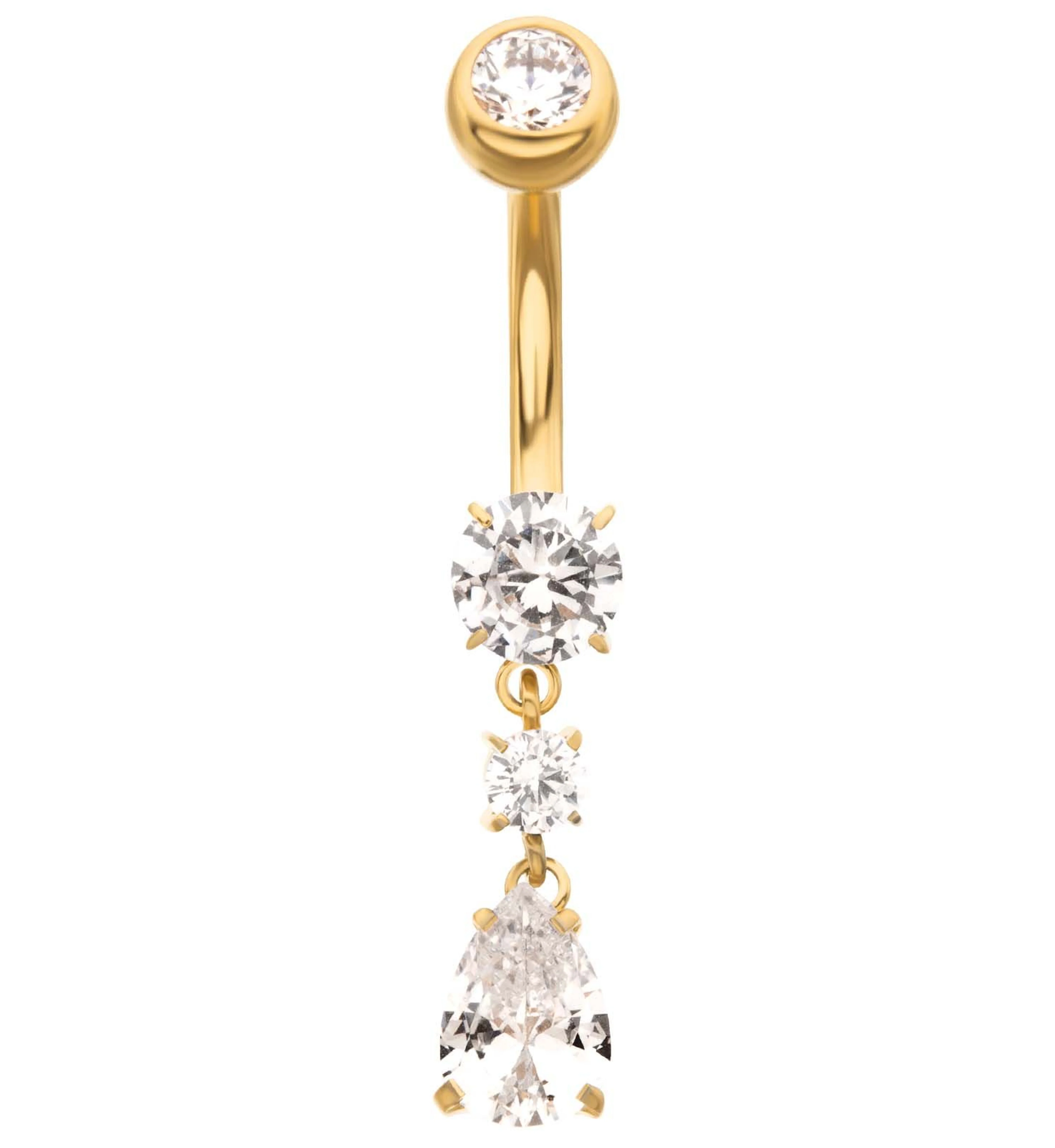 24kt Gold PVD Triple Marquise Clear CZ Dangle Titanium Belly Button Ring - Mrs Treak