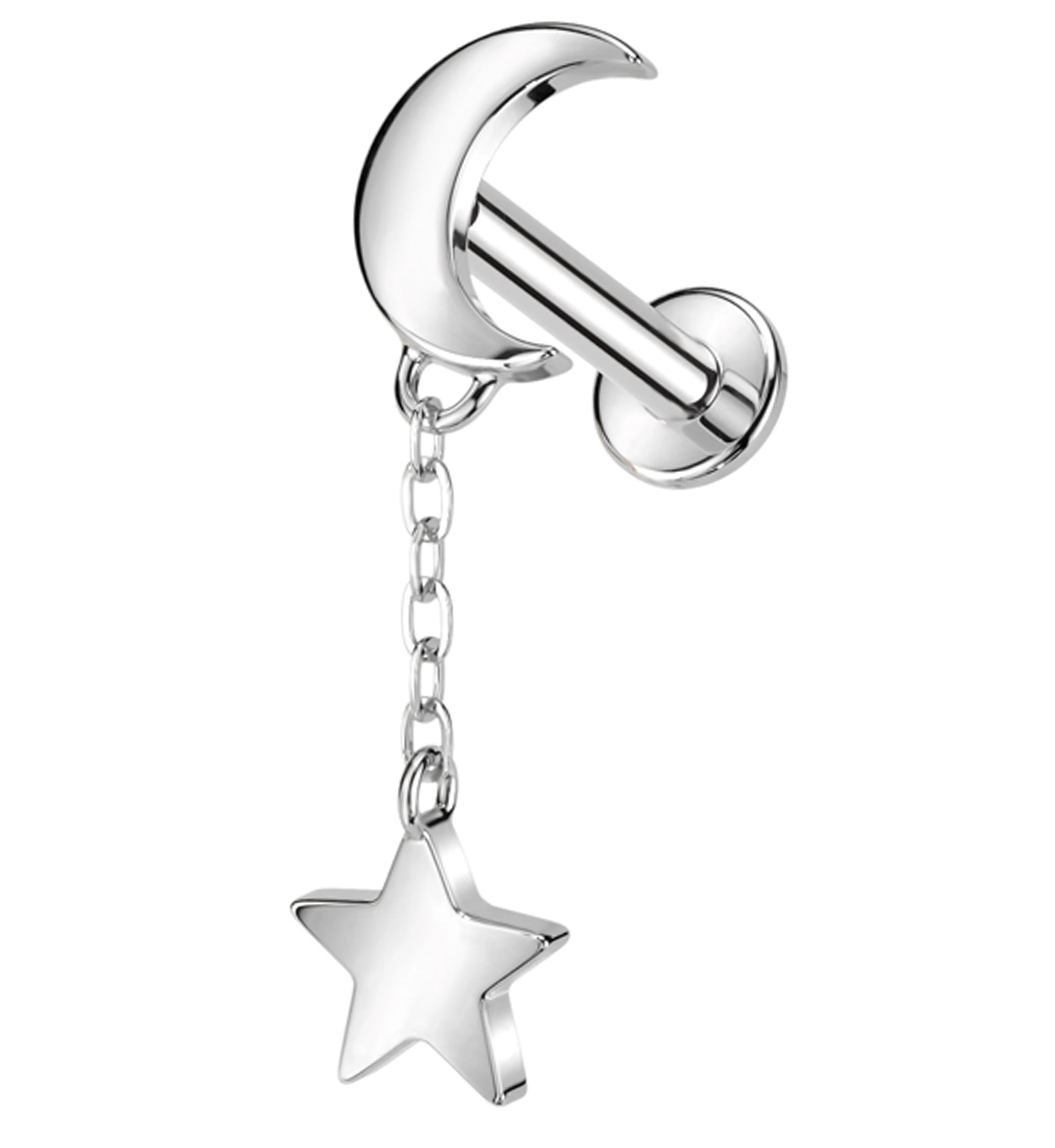 14kt White Gold Crescent Moon Dangle Star Internally Threaded Labret - Mrs Treak