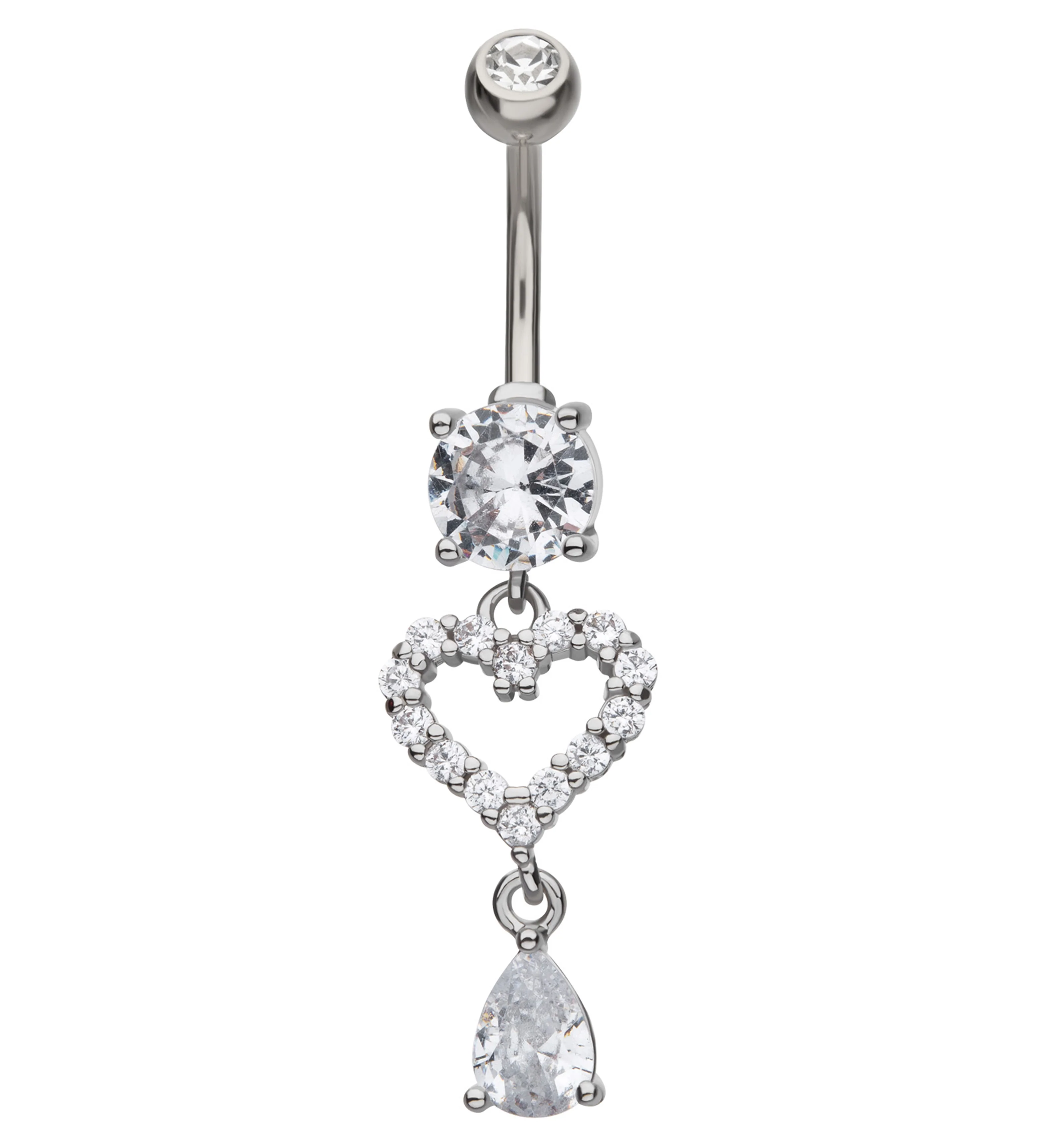 Sweetheart Teardrop Clear CZ Dangle Stainless Steel Belly Button Ring - Mrs Treak