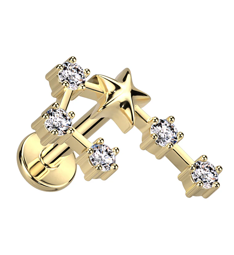 Gold PVD Gemini Constellation Clear CZ Stainless Steel Internally Threaded Labret - Mrs Treak