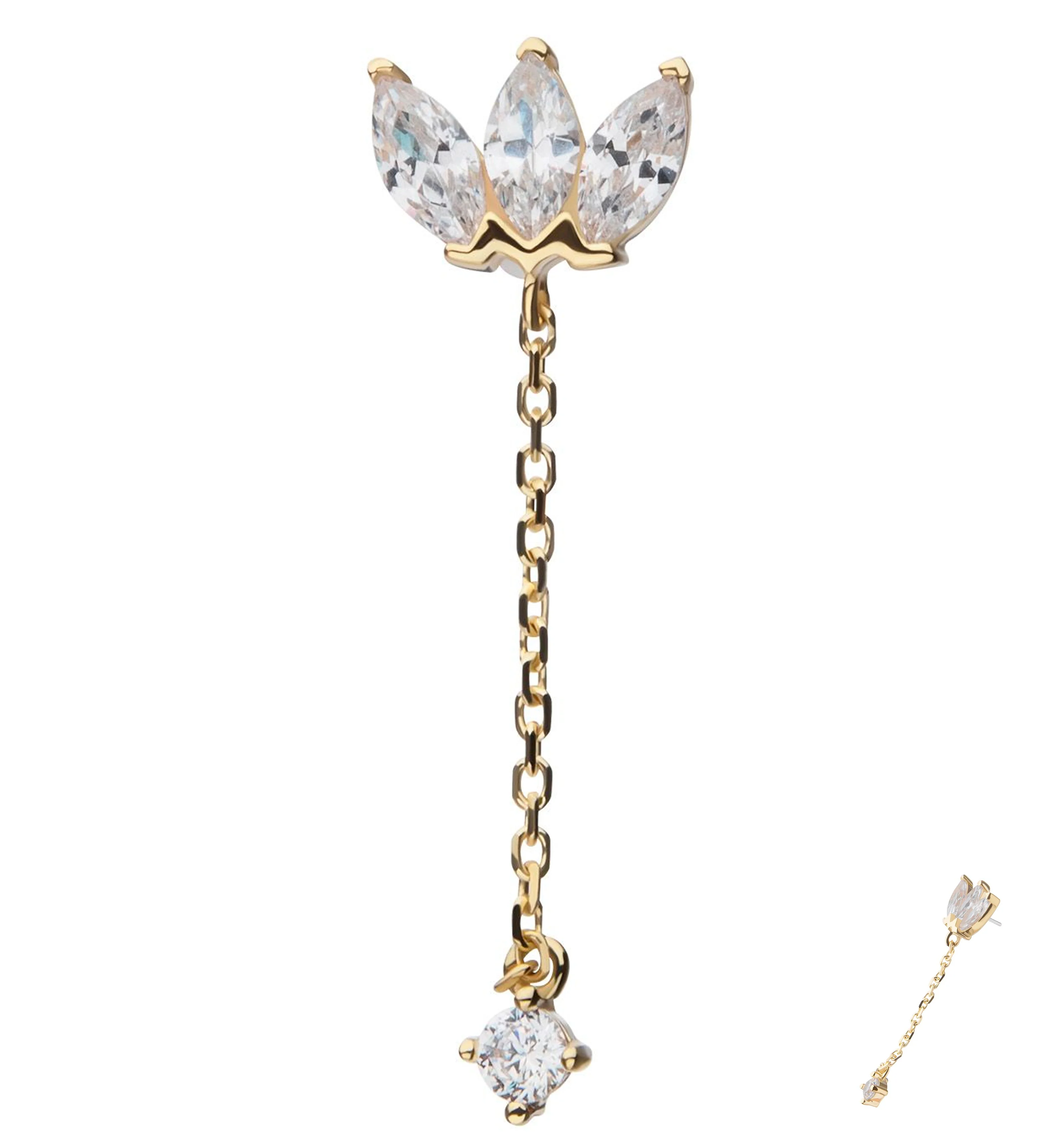 14kt Gold Triple Empress Dangle Clear CZ Threadless Top - Mrs Treak