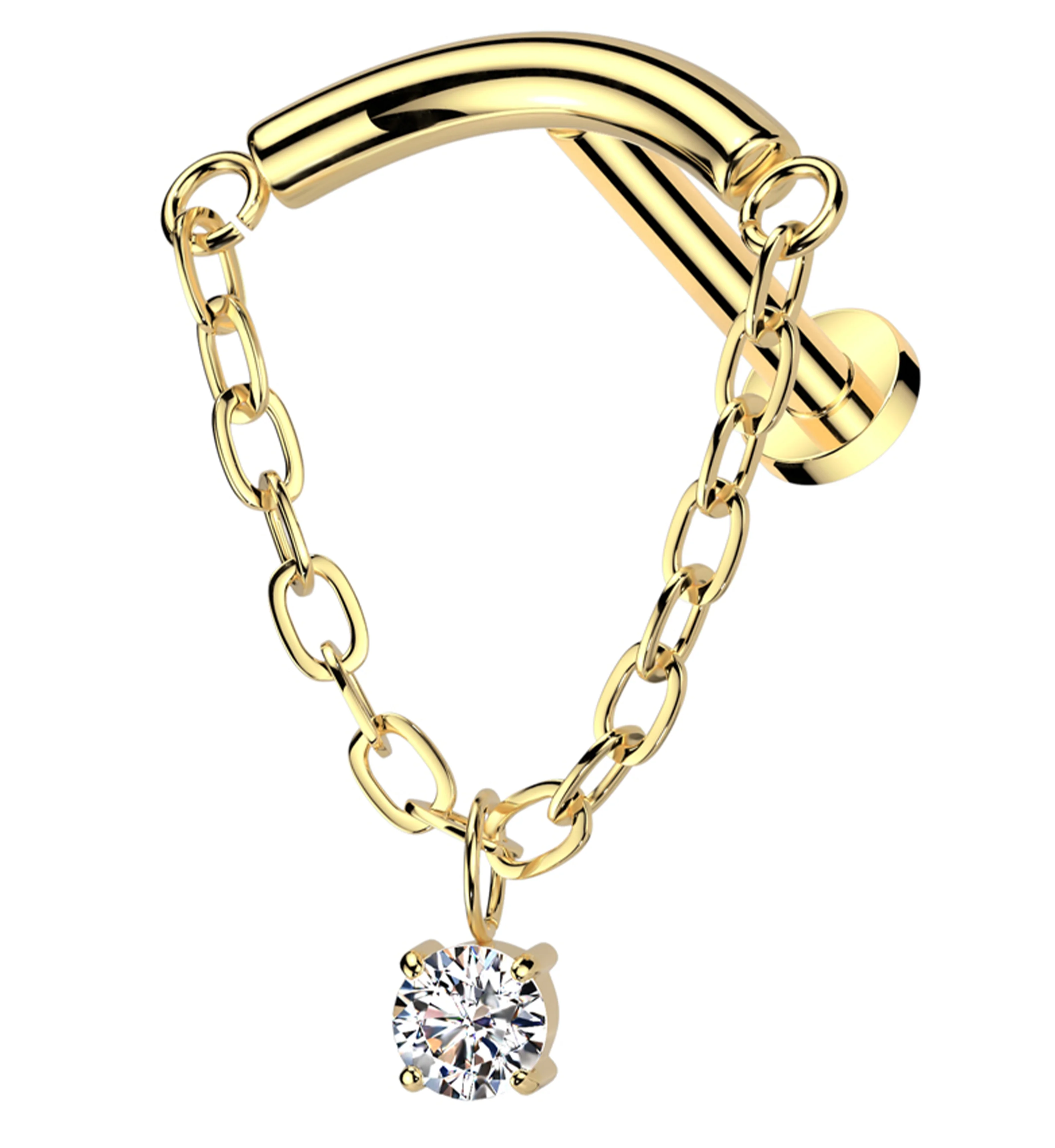 Gold PVD Curved Bar Dangle Clear CZ Chain Titanium Threadless Labret - Mrs Treak