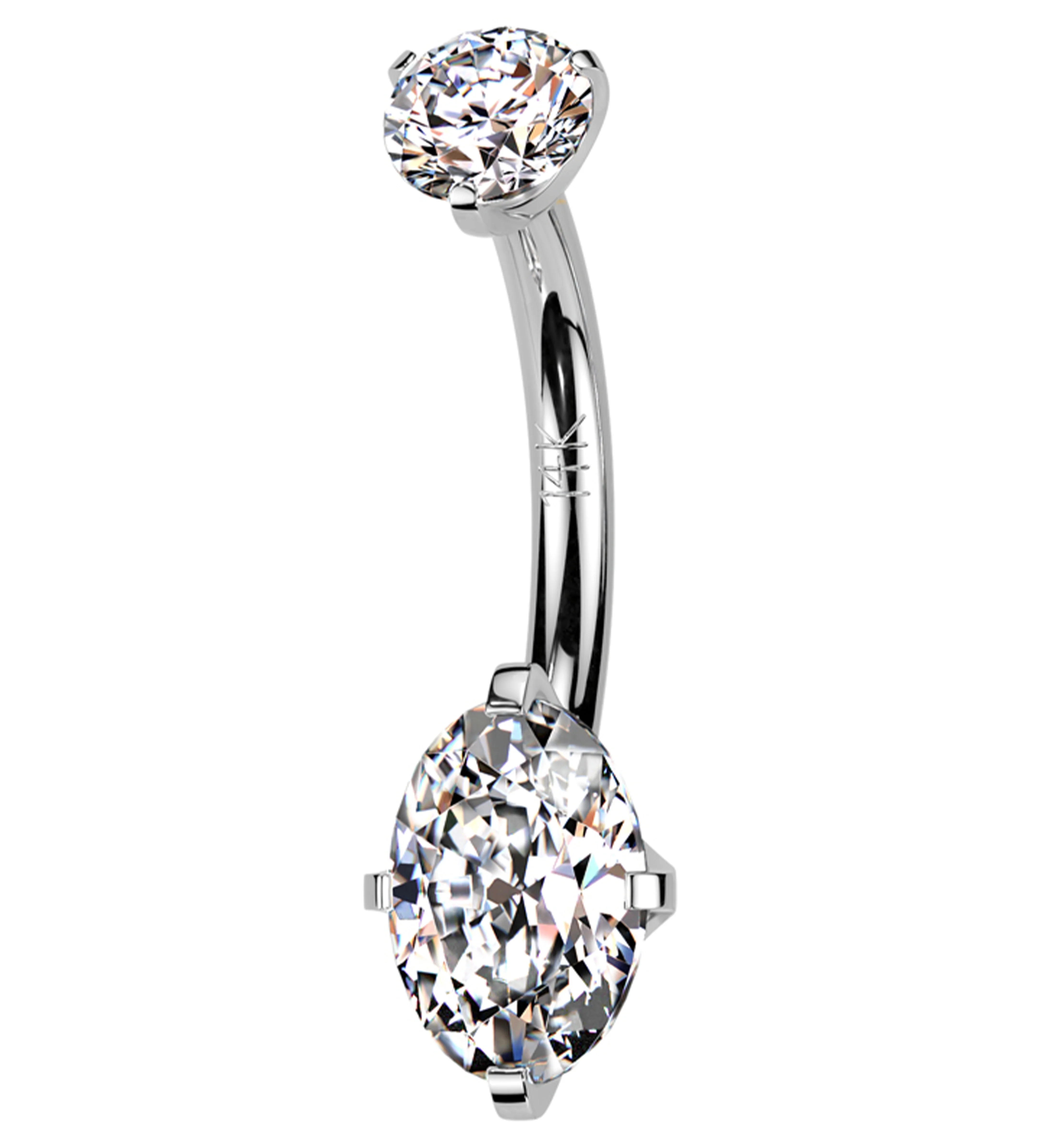 14kt White Gold Prong Oval Clear CZ Belly Button Ring - Mrs Treak