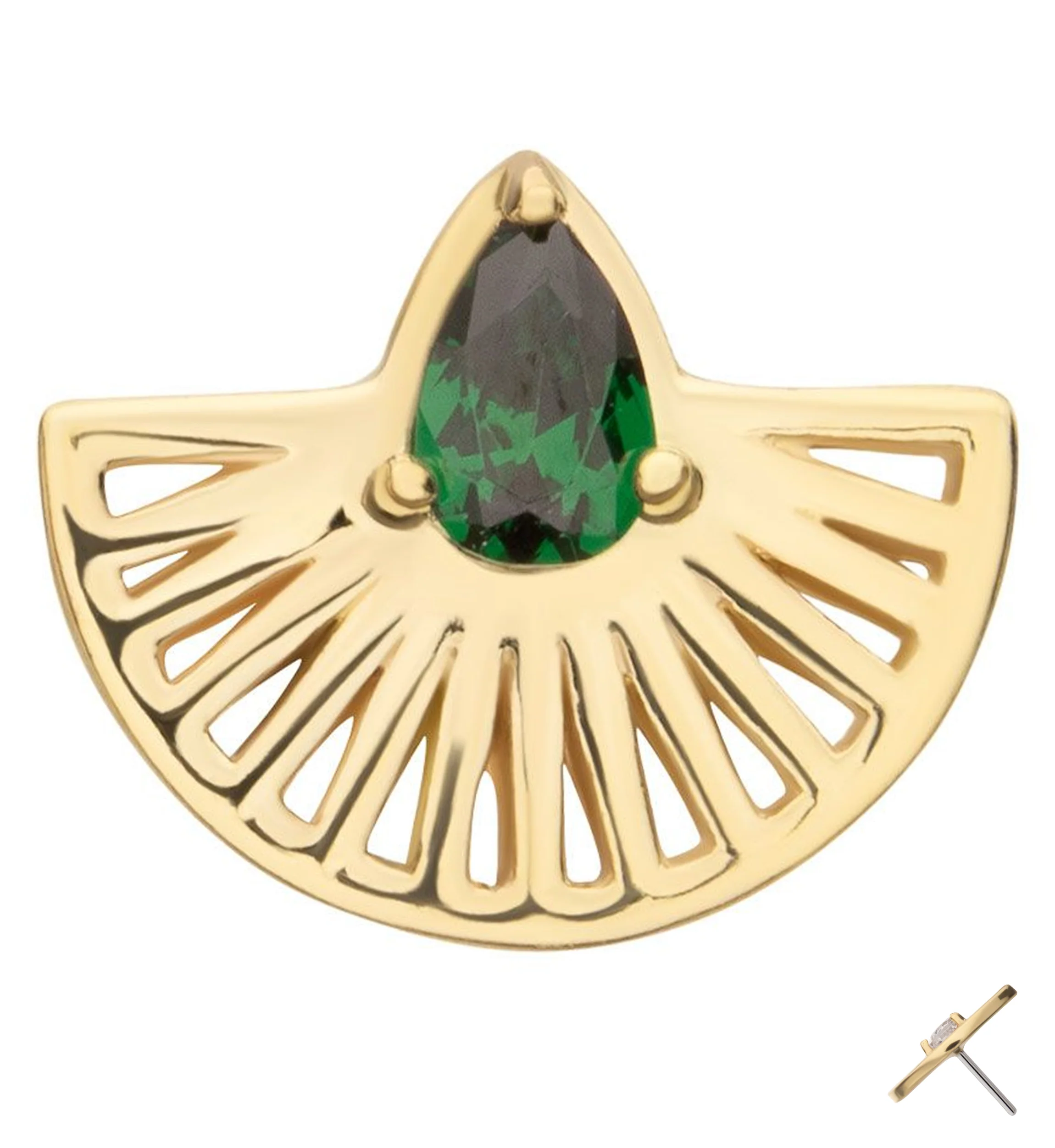 14kt Gold Empire Fan Teardrop Emerald CZ Threadless Top - Mrs Treak