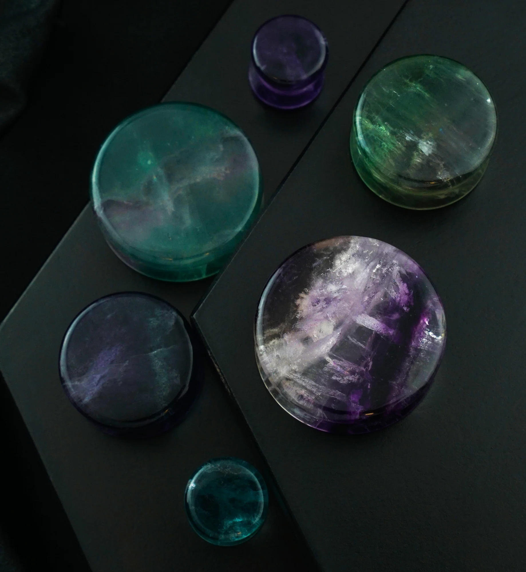 Grade A Rainbow Fluorite Stone Plugs - Mrs Treak