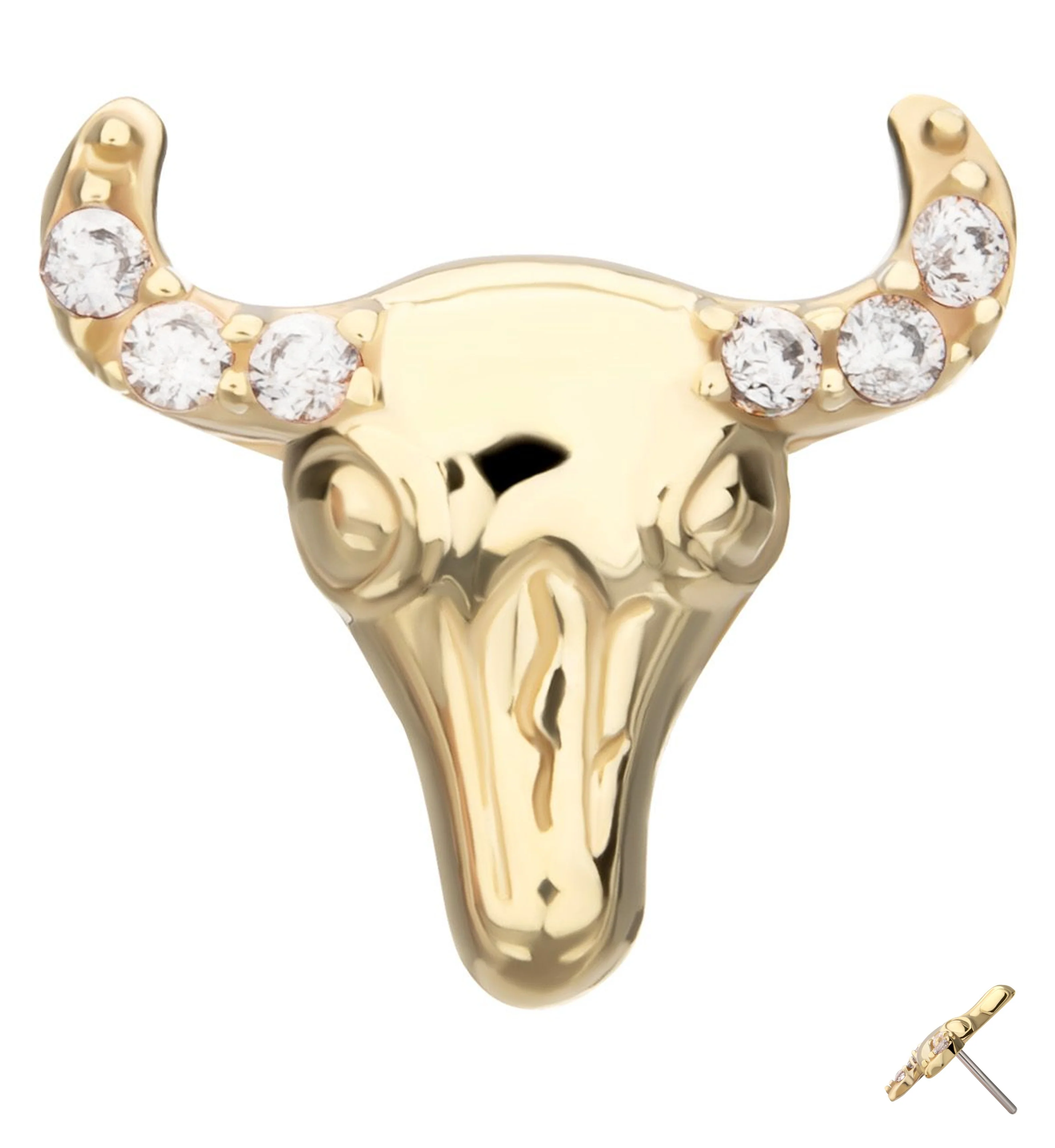 14kt Gold Bull Head Clear CZ Threadless Top - Mrs Treak