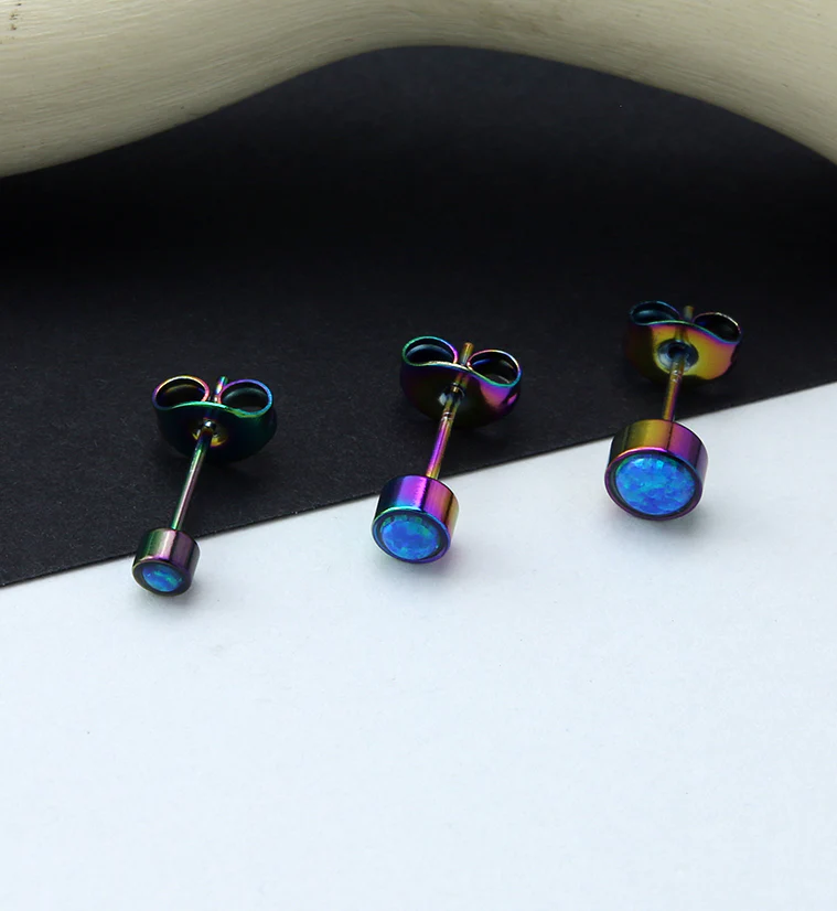 Rainbow PVD Bezel Blue Opalite Stainless Steel Earrings - Mrs Treak