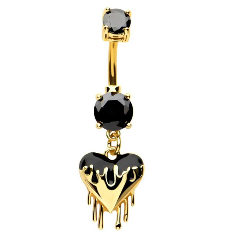 Gold PVD Dripping Heart Black CZ Stainless Steel Belly Button Ring - Mrs Treak