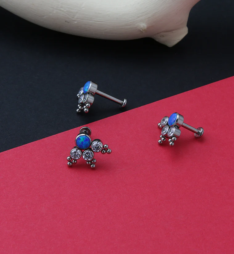 16G Triple Beaded CZ Blue Opal Titanium Labret Post - Mrs Treak