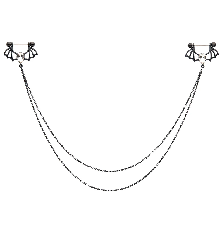 Black PVD Bat Teardrop Clear CZ Connecting Chain Nipple Ring Barbell - Mrs Treak