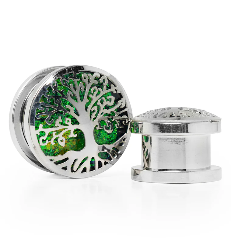 Tree Of Life Green Opalite Stainless Steel Screw Back Tunnel Plugs - Mrs Treak