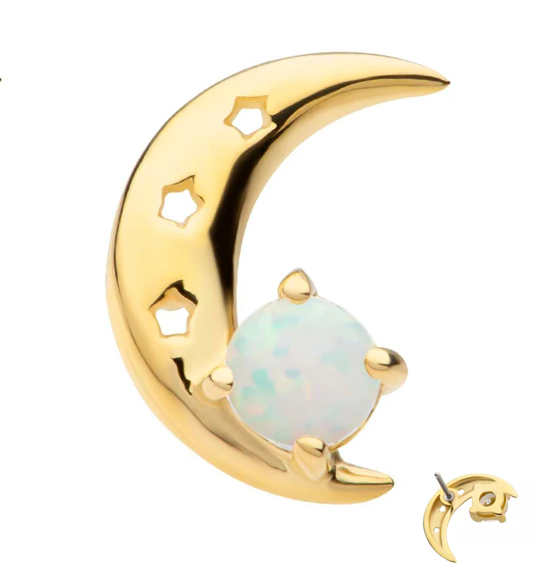 14kt Gold Crescent Moon Star Cut Out White Opalite Threadless Top - Mrs Treak