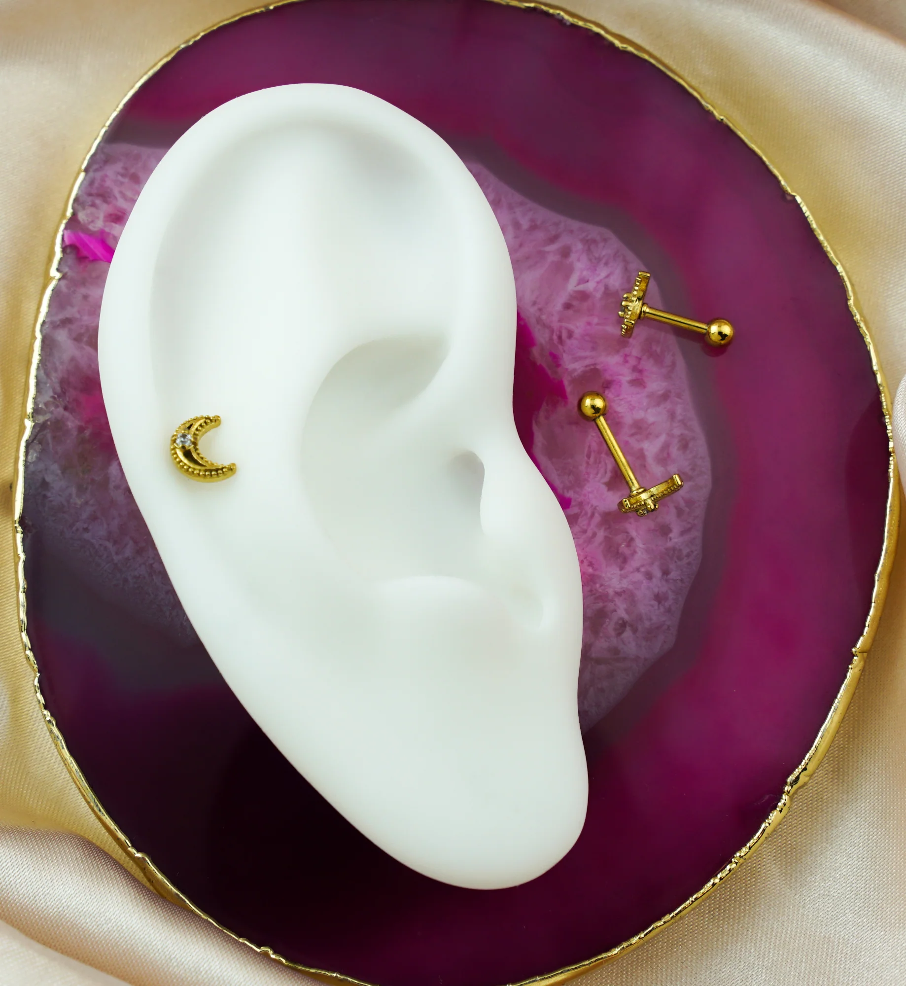 Gold PVD Beaded Half Moon Clear CZ Cartilage Barbell - Mrs Treak