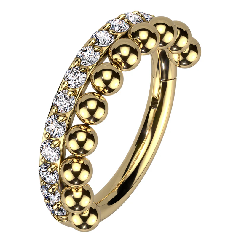 Gold PVD Clear CZ Beaded Row Stainless Steel Hinged Segment Ring - Mrs Treak