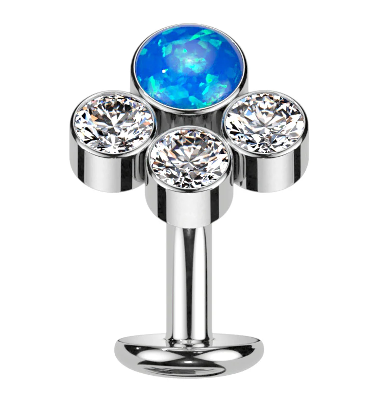 Quad Cluster Blue Opalite Clear CZ Titanium Threadless Floating Belly Button Ring (Convex Disk) - Mrs Treak